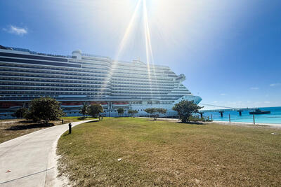 exterior shot of MSC Seashore cruise ship docked in Ocean Cay Bahamas