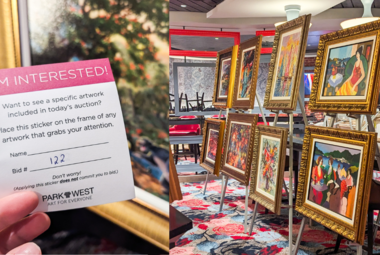 side by side image of art auction sticky note and paintings on display