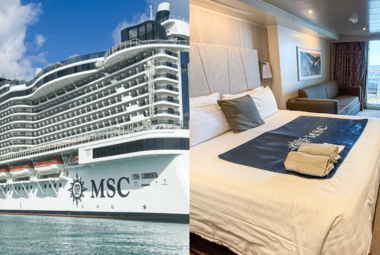 side by side image of MSC Seashore and balcony cruise cabin
